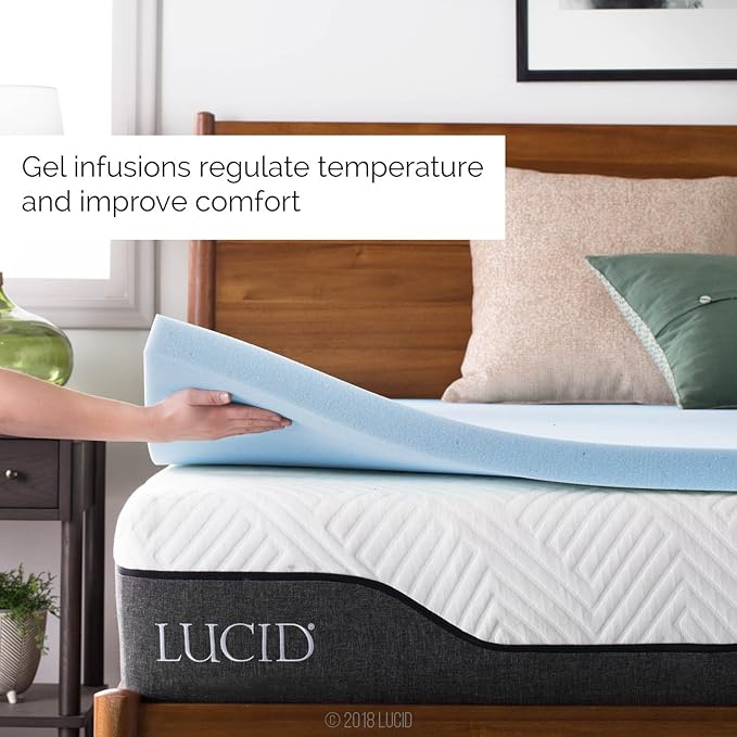 Lucid 2 Inch Mattress Topper - California King Size - Cooling Gel Infused Memory Foam - Plush Feel Pressure Relieving Bed Topper - Mattress Pad – Ventilated Breathable Design – CertiPur Certified