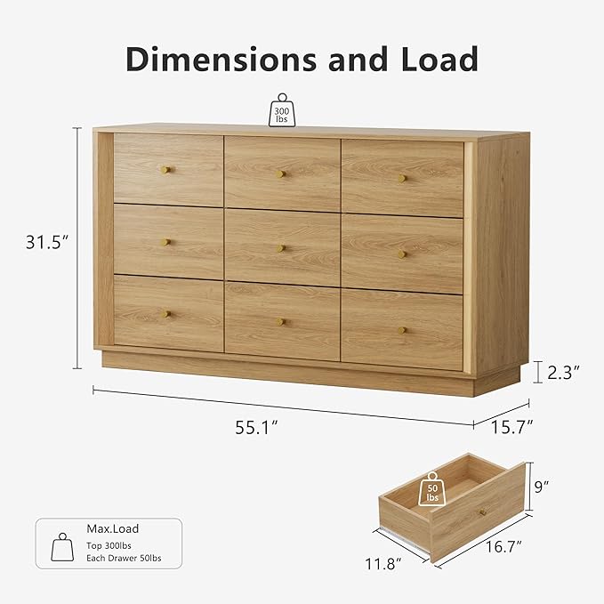 9 Drawer Dresser, Mid Century Modern Dresser with Storage, 55" Wide Chest of Drawers with Wood Grain Texture, Drawers Organizer for Bedroom, Living Room, Hallway, Gold Oak