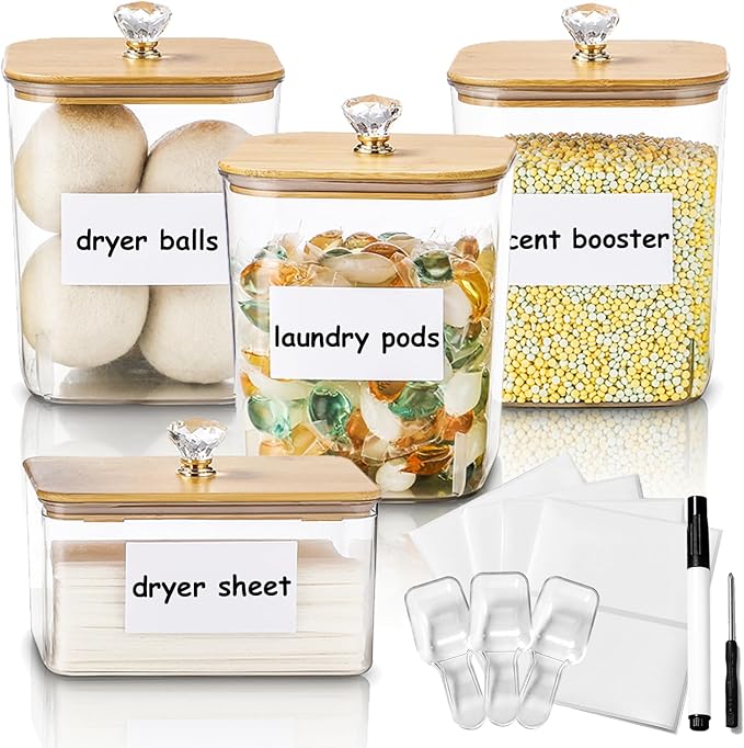 Large 4 Pack Laundry Pods Container & Laundry Powder Container, Plastic Laundry Room Organization and Storage Jars, Dryer Sheet Holder with Lid, Scoops, 16 Labels