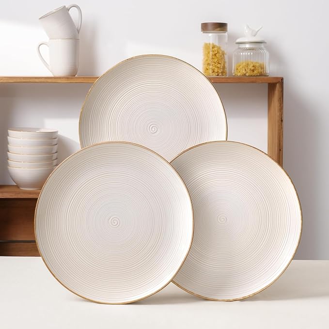 famiware Tempus Plates and Bowls Sets for 6, 18 Pieces Stoneware Dinnerware Sets, Dishes Set, Reactive Glaze Dishware Sets, Dishwasher & Microwave Safe - Antique White