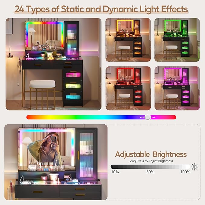 RGB Vanity Desk with Mirror and Lights, Glass Top Makeup Vanity with 6 Drawers & Wireless Charging,Vanity Table Set with RGB Cabinet Light and Jewelry Box, for Girls Bedroom,Black