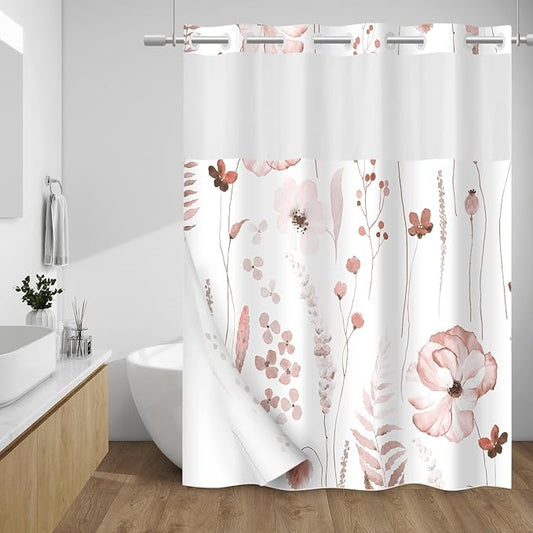 No Hook Shower Curtain with Snap in Liner - Floral Shower Curtain - Fabric Waterproof Inner Liner, Plants Watercolor Blush Modern Cloth Shower Curtains - Machine Washable, 71 x 74