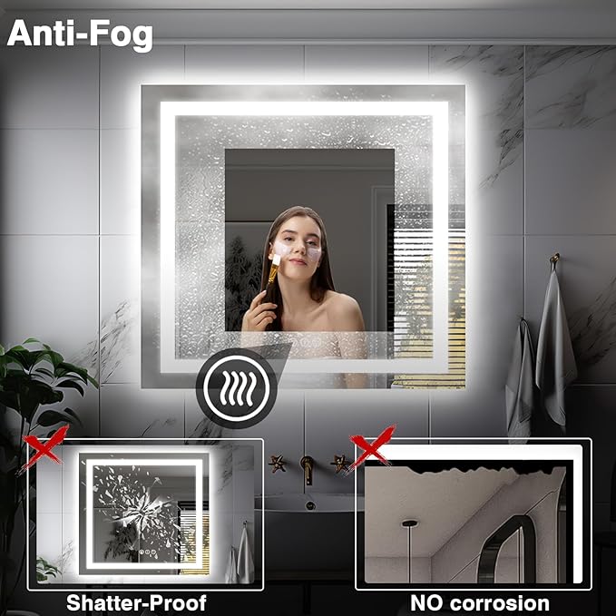 36"x36" Square LED Bathroom Mirror - Front & Backlit, Anti-Fog Vanity Mirror with Stepless Dimmable Lights, 3 Color Smart Mirror (Horizontal/Vertical)