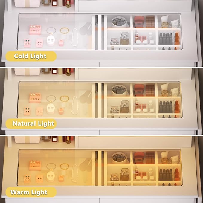 Vanity Desk with Mirror and Lights, Glass Top & Power Outlet | Makeup Vanity Set with Chair | Small Dressing Table with 2 Drawers and Cabinet Storage for Bedroom(White)