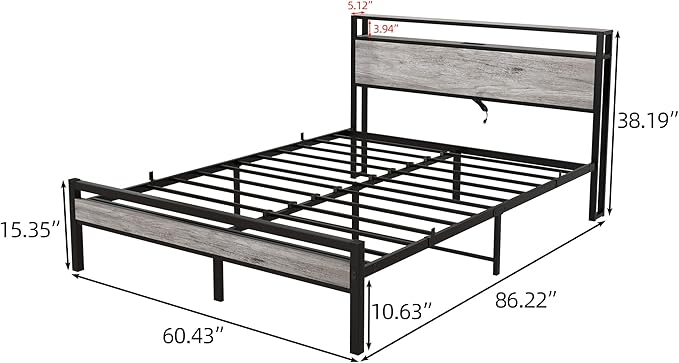 Queen Bed Frame with Storage Headboard/Power Outlets/USB Ports Charging Station,Metal Bed Frame Queen Size No Box Spring Needed,Under Bed Storage,Easy Assembly,Warm Grey