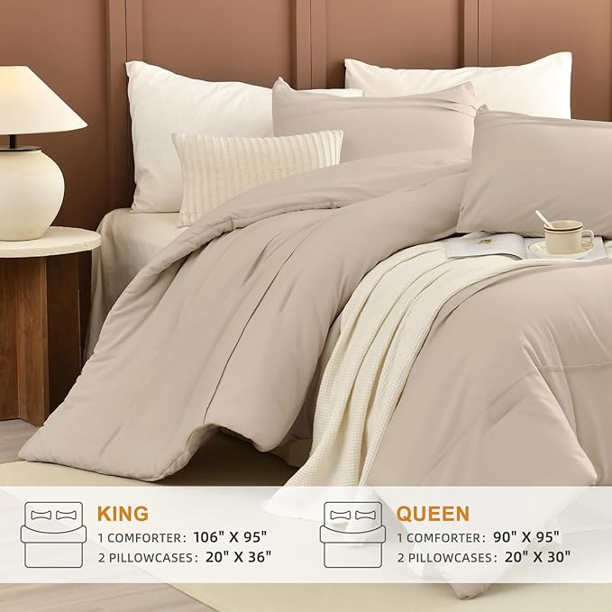Sanracie Cotton Queen Comforter Set(90"x 95"),Pinch Pleated Linen Colored Breathable Comforter Sets 3Pcs Extra Soft Lightweight Neutral Bedding Set for All Season