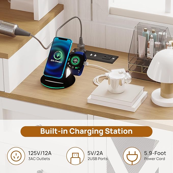 ALBAD Vanity Desk with Mirror and Lights Farmhouse Makeup Vanity Desk with Sliding Mirror and Vanity Stool Set Rustic Vanity Dresser with Organization and Storage Drawers and Charging Station White