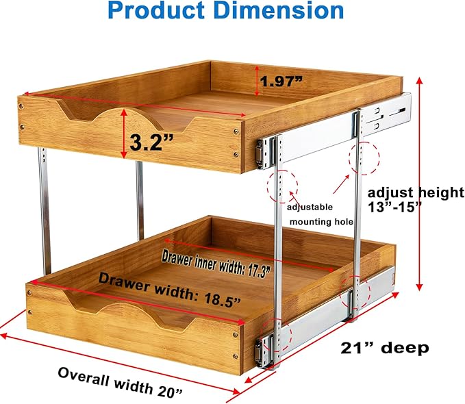 DINDON 2 Tier Pull Out Cabinet Organizer (20" W x 21" D) Wood And Metal Double Tier Slide Out Wood Drawer Under Cabinet Storage Organization