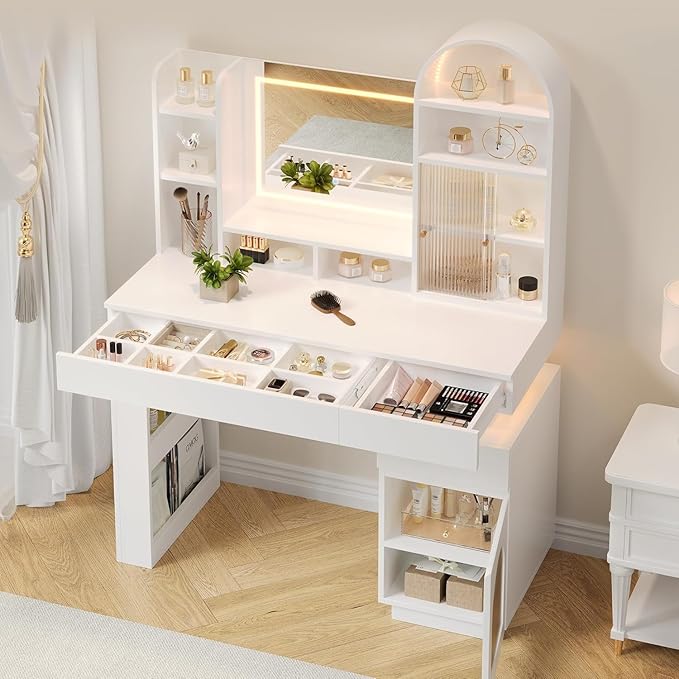 Makeup Vanity Desk with Mirror and Lights, Dressing Table with 3 Drawers and 11 Storage Shelves, Large Makeup Vanity Set with Lighted Mirror & Stool & Power Outlet, Vanity Dresser for Bedroom Dressing