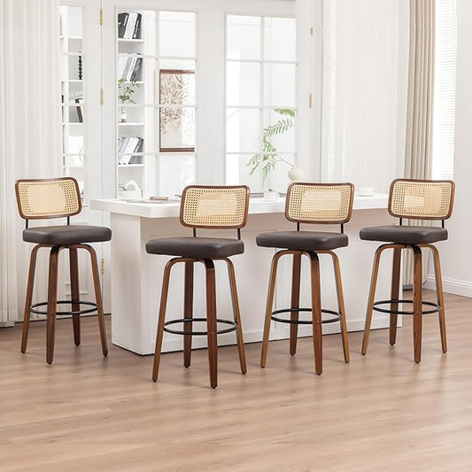 Bar Stools Set of 4 - 30 inch Rattan Swivel Bar Stools with Walnut Craftsmanship, Curved Rattan Back, Upholstered Seat, Mid Century Modern BarStools for Bar/ Pub/Island/Cafe (30" Seat Height, Brown)