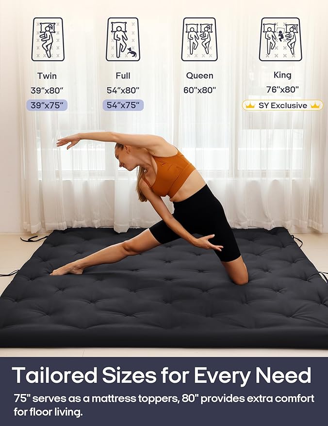 Syrinx Japanese Floor Futon Mattress, Foldable Tatami Sleeping Pad for Adults & Kids, Roll-Up Floor Bed or Bench Cushion