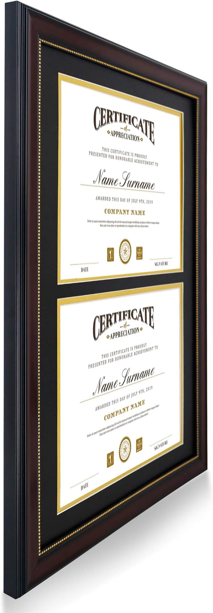 GraduatePro Dual Diploma Frame 14"x20" for Two 8.5"x11" Certificates/Pictures with Double Mat Black Over Gold, UV Protection Acrylic, Professional Mahogany Wooden Finish Gold Beads