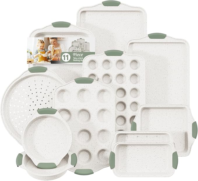 11-Piece Non-Toxic Baking Set, Stackable Nonstick Cookware with Heat-Resistant Handles - Includes Cookie Tray, Round Cake Pan, Muffin Cups, Pizza Pan & Loaf Baker, White&Light Green