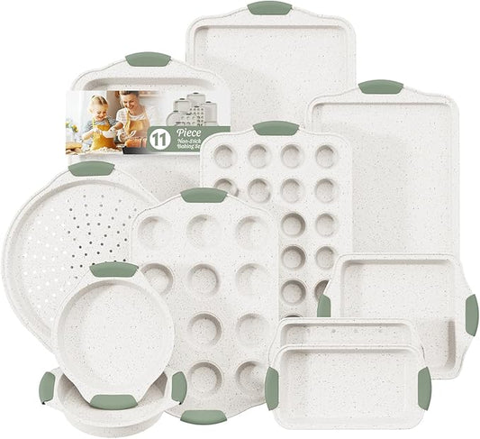 11-Piece Non-Toxic Baking Set, Stackable Nonstick Cookware with Heat-Resistant Handles - Includes Cookie Tray, Round Cake Pan, Muffin Cups, Pizza Pan & Loaf Baker, White&Light Green