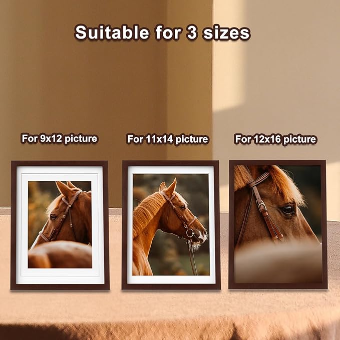Egofine 12x16 Picture Frames with Plexiglass, Display Pictures 9x12/11x14 with Mat or 12x16 Without Mat for Wall Mounting, Walnut Color
