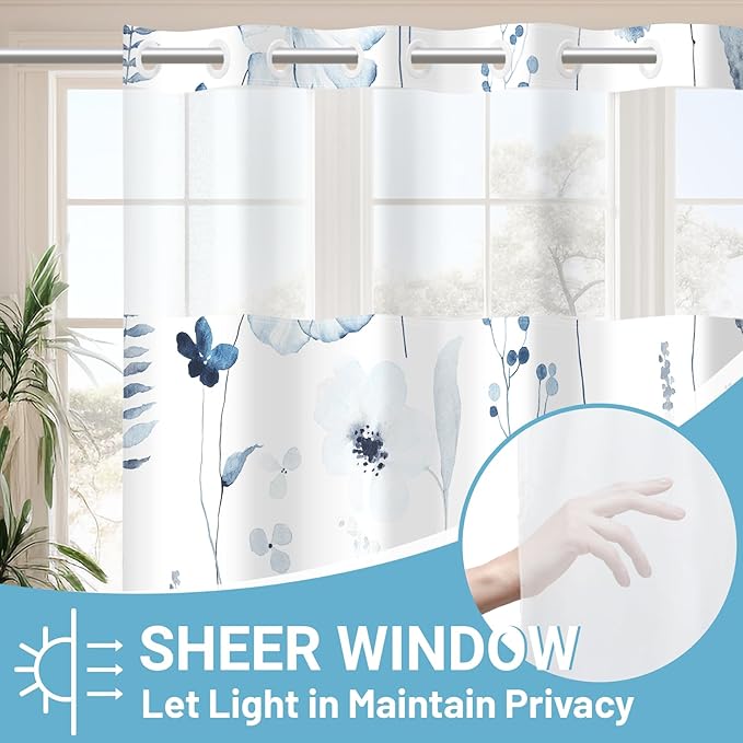 No Hook Shower Curtain with Snap in Liner - Floral Shower Curtain - Fabric Waterproof Inner Liner, Plants Watercolor Moonlight Blue Modern Cloth Shower Curtains - Machine Washable, 71 x 74