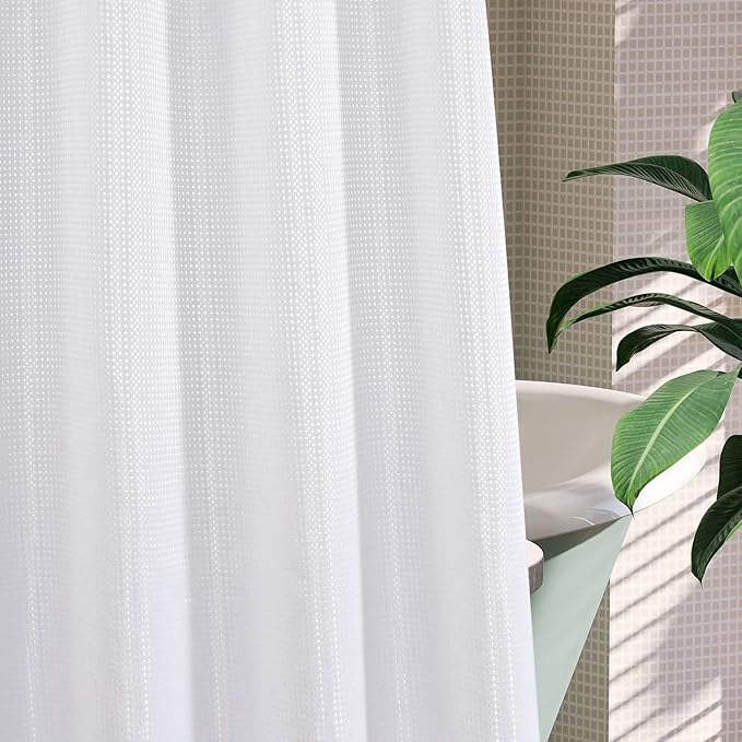 MitoVilla No Hooks Required Extra Long Shower Curtain Set with Snap-in Liner, 86 inch XL White Waffle Heavyweight Fabric Cloth Shower Curtains for Modern Luxury Hotel & Spa Bathroom Decor