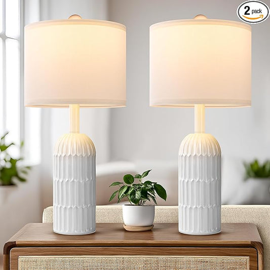 22.5" White Modern Table Lamps Set of 2 for Living Room Bedroom, Farmhouse Vintage Bedside Table Lamps with White Linen Shade, Rustic Bedroom Table Lamp for Nightstand Home Office End Table Dorm