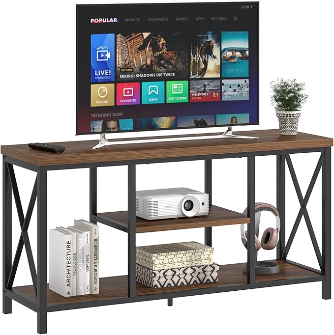FOLUBAN Modern Entertainment Center for TVs up to 55 Inch, Rustic Wood Television Stands, Industrial TV Console and TV Cabinet for Living Room Bedroom, 47 Inch Rustic Walnut