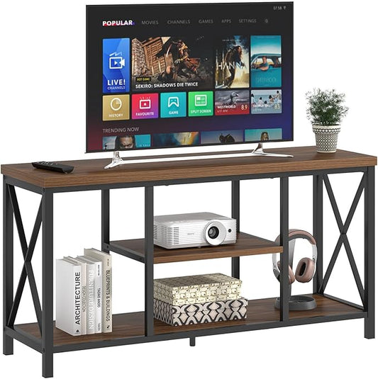 FOLUBAN Modern Entertainment Center for TVs up to 55 Inch, Rustic Wood Television Stands, Industrial TV Console and TV Cabinet for Living Room Bedroom, 47 Inch Rustic Walnut