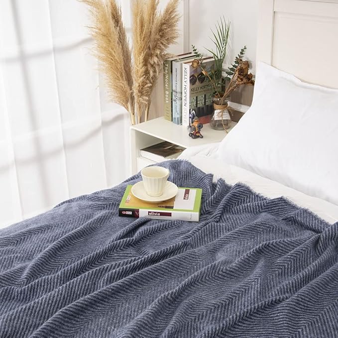 Gealaek Decorative Herringbone Faux Cashmere Throw Blanket Navy Blue Cheveron Fringe Lightweight Fuzzy Soft Cozy Throws for Sofa Bed Farmhouse Throw Blanket 50" x 60"