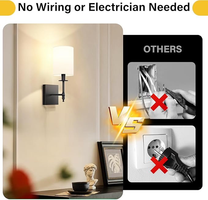 14.5 Inch Black Battery Operated Wall Sconces Set of 2, Rechargeable Wireless Wall Lights with Remote & White Fabric Shade, Indoor Not Hardwired Dimmable Wall Lamps for Bedroom, 2 Bulbs Included