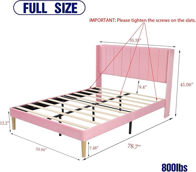 Upholstered Platform Full Size Bed Frame with Headboard Wooden Slats Support No Noise Easy Assembly Pink Velvet