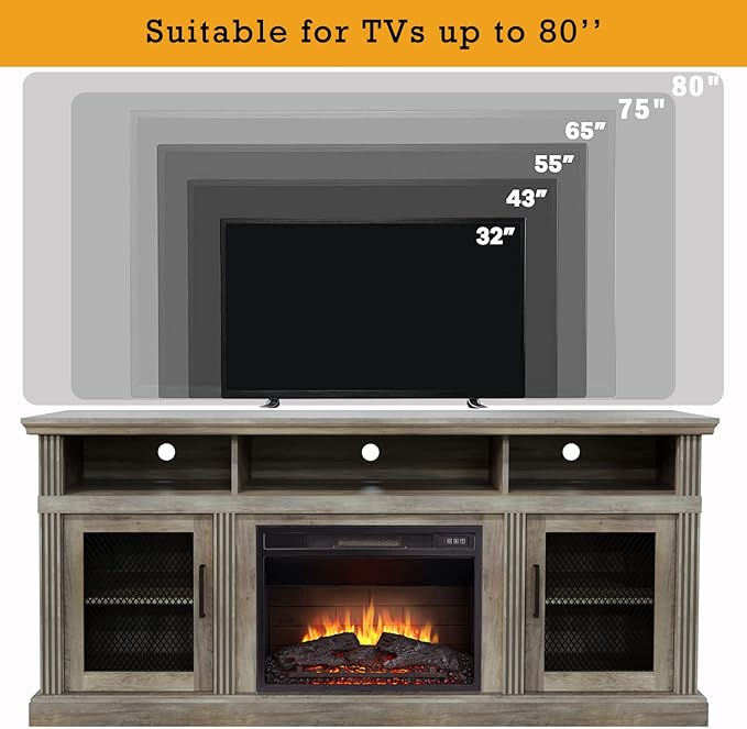 Cheerway 3D Fireplace TV Stand for TVs up to 80’’, Wooden Media Entertainment Center Table & TV Cabinets w/Storage Shelves & Barn Door, Electric Fireplace w/Remote Control & Adjustable Flame