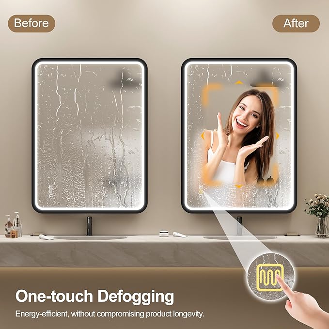 LED-Bathroom-Mirror-with-Lights, 24"x32" Wall-Mounted with Anti-Fog, 3 Colors Dimmable Light, Waterproof, Tempered Glass, Black Framed