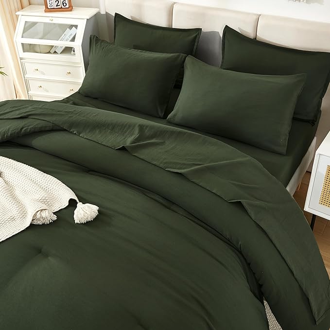 Litanika Dark Olive Green Queen Size Comforter Set - 7 Pieces Bed in a Bag Queen Bedding Comforter Sets, Plain Lightweight Bed Set with Comforter, Sheets, Pillowcases & Shams