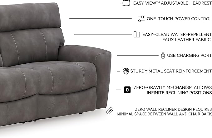 Signature Design by Ashley Next-Gen DuraPella Contemporary Faux Leather Modular Wall Hugger 2-Piece Power Reclining Sectional Loveseat with Adjustable Headrest and USB Ports, Gray