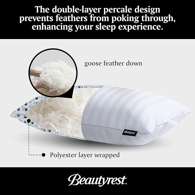 Beautyrest Luxury Goose Feathers Soft, 500 Thread Count Cover 20”x28”, Queen (Pack of 2), Supportive Fluffy Hotel Collection Side and Back Sleepers Bed Pillow, White 2