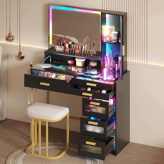 RGB Vanity Desk with Mirror and Lights, Glass Top Makeup Vanity with 6 Drawers & Wireless Charging,Vanity Table Set with RGB Cabinet Light and Jewelry Box, for Girls Bedroom,Black