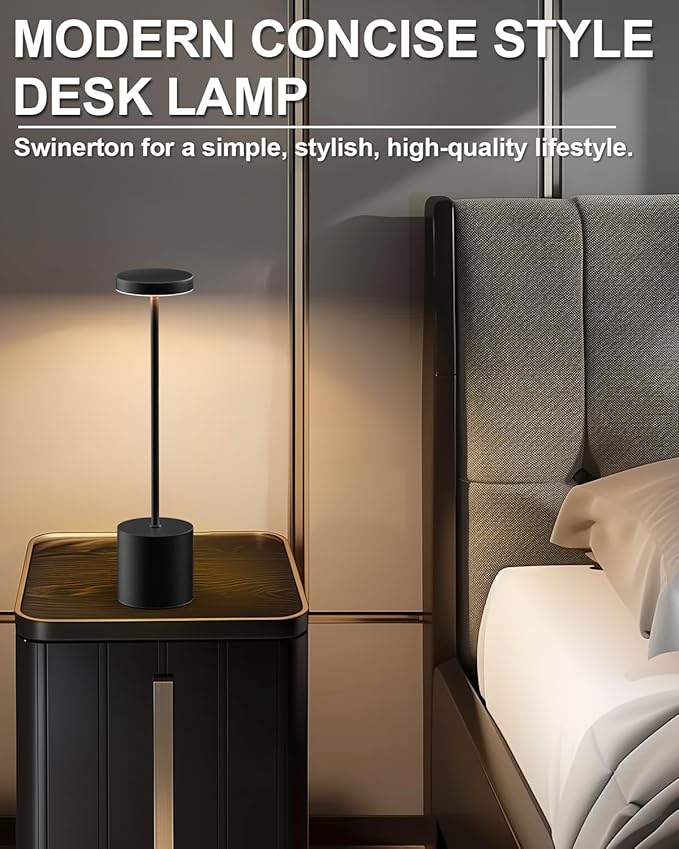 Cordless Table Lamps Rechargeable, Portable LED Desk Lamp, 5000mAh Battery Powered Wireless Table Light - 3 Color Dimmable Lighting for Restaurant Dining Patio Outdoor Bedroom(Black)