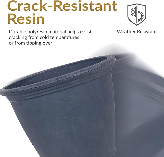 Sunnydaze 24-Inch Anjelica Large Plastic Pot for Plants - Double-Walled Outdoor Polyresin Round Planter Porch Pot with Drillable Drainage Holes - Slate - 4pk