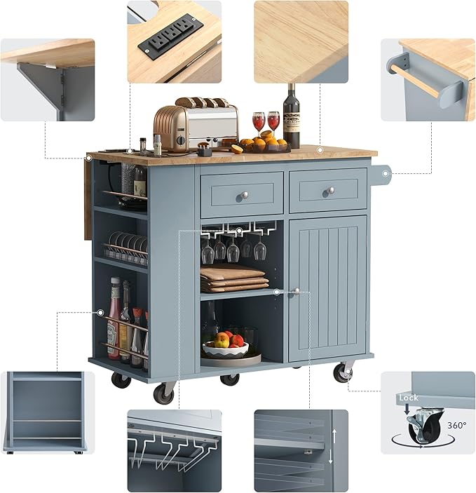 Rolling Mobile Kitchen Island Cart Cabinet with Door, Wine Rack, 2 Drawers and Open Storage Shelves for Dining Room