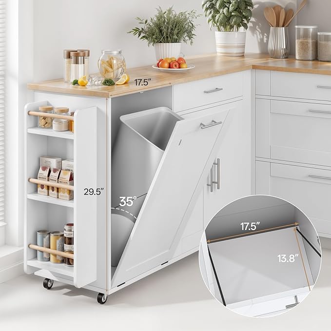 Kitchen Island with Storage & Drop Leaf- Rolling Island Cart with Wheels, Rubberwood Top, Trash Bin Cabinet & Towel Rack, White Farmhouse Style Island Table for Kitchen