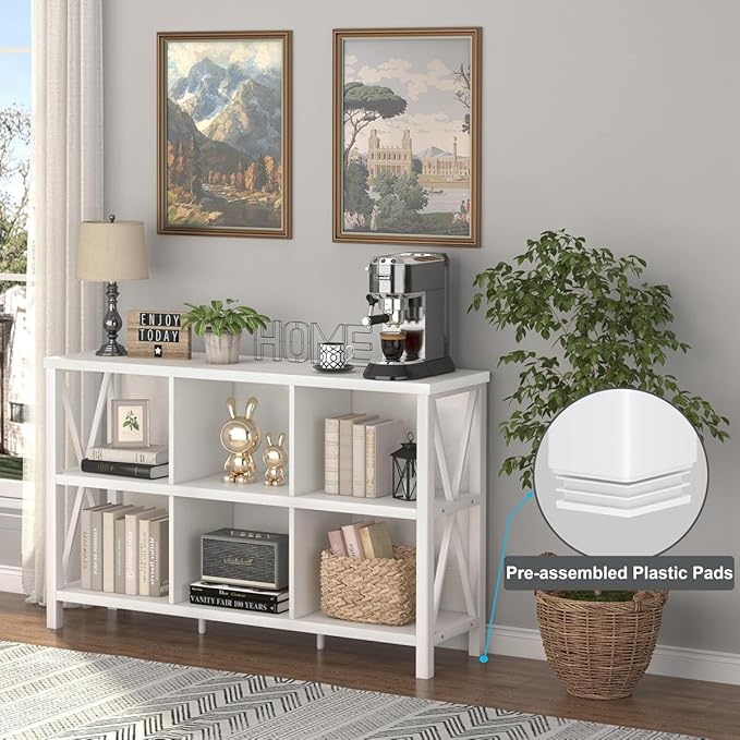 FATORRI 6 Cube Storage Organizer with Shelf, Long Wood and Metal Cubby Bookcase, Industrial Horizontal Bookshelf (White Oak, 47 Inch)