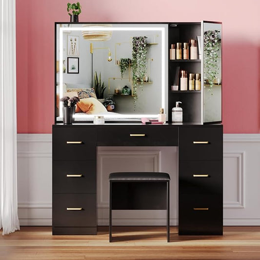 Vanity Desk with Mirror and Lights, Makeup Vanity Set with 7 Drawers & Cushioned Stool, Hidden Cabinet, Brightness Adjustable, Vanity Table for Bedroom, Dressing Room, Women,Black (Black)