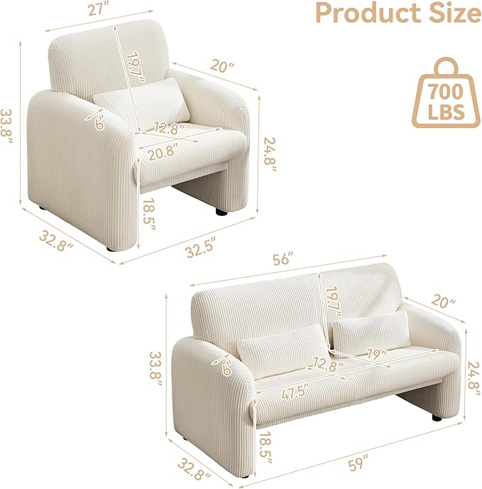 Corduroy Accent Living Room Sets, Modern Upholstered Love Seat with 2 Accent Chairs, Wide Comfy Leisure Chair Sets for Bedroom, Office, White
