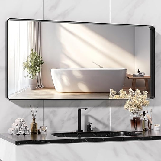 Hasipu Black Bathroom Mirror for Wall, 48 x 24 Inch Metal Framed Bathroom Mirrors for Over Sink, Rectangle Bathroom Vanity Mirror, Anti-Rust, Tempered Glass, Horizontal or Vertical