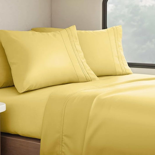 Clara Clark Bed Sheets, Premier 1800 Series 4 Piece RV Queen Sheet Set, Luxury Soft Sheets for RV Bunks, Short Queen - Custard Mellow