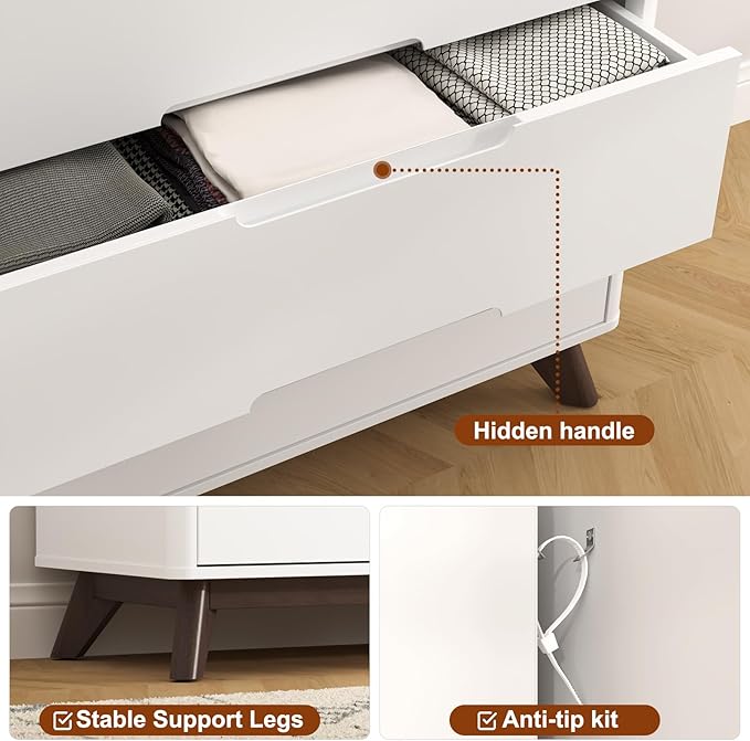 3 Drawer Dressers for Bedroom, 32" Large Wood Storage Dresser & Chest of Drawers with Charging Station, Wide Modern Dressers with 3 Drawer Storage Organizer for Bedroom Living Room Closet, White