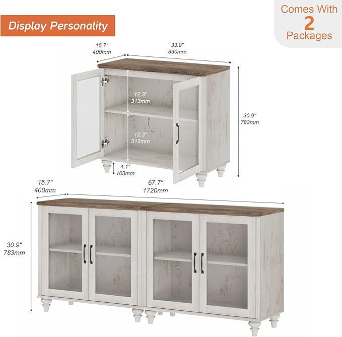 WAMPAT Farmhouse TV Stand for TVs Up to 75 inch, Glass Wooden Universal TV Stand with 2 Storage Cabinets, Entertainment Center, Console Table for Living Room, Bedroom, Rustic White