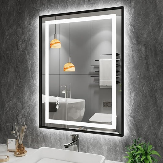 Amorho 24"x 32" LED Bathroom Mirror with Black Frame, Front Light and Backlit, Stepless Dimmable, Anti-Fog, Shatter-Proof, Memory, 3 Colors, Double LED Vanity Mirror