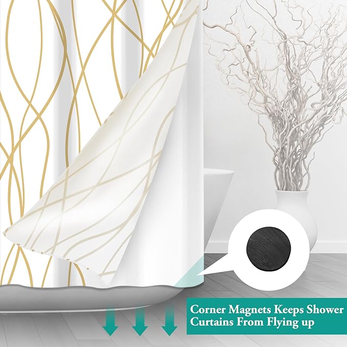 No Hook Gold White Striped Stall Shower Curtain with Snap in Liner Set - Hotel Shower Curtain and Liner Set with See Through Mesh Top Window,Machine Washable, 54x80 INCH