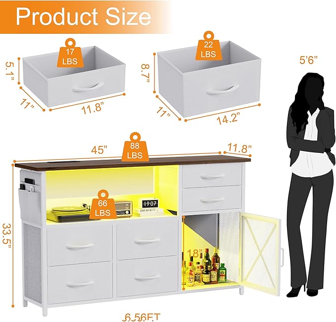 Dresser for Bedroom with LED Lights, TV Stand with Charging Station for 50 inch TV, 6 Drawers Chest with Door and Side Storage, Wide Metal Dresser Table for Living Room, White and Brown