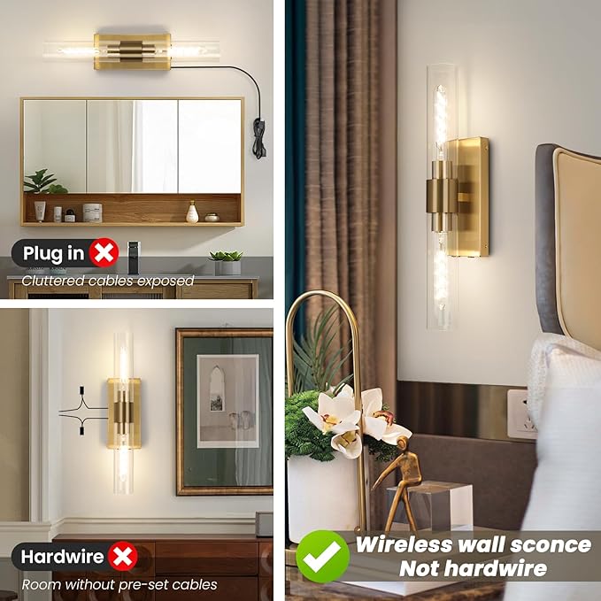 Brass Wall Sconce Set of Two, Battery Operated Wall Sconce, Gold Wall Lamp with Remote Controls, Indoor Non-Hardwired Bedside Wall Sconces, Gold Vanity Light for Bedroom, Vanity, Hallway, etc