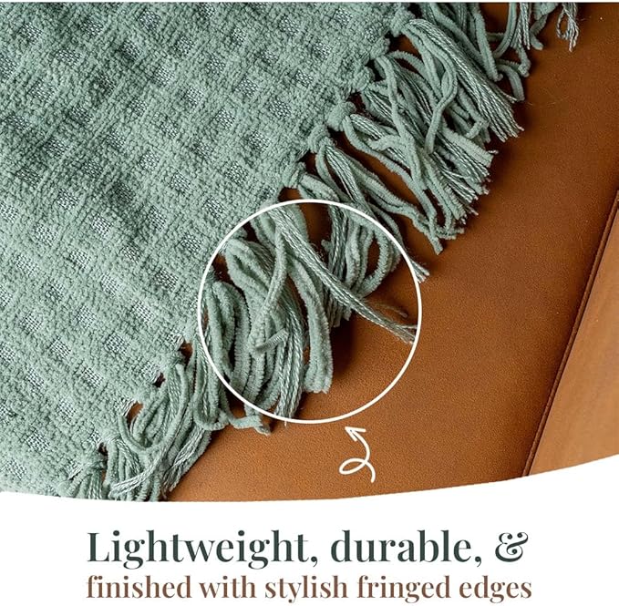 Folkulture Throw Blanket | (60 x 50) Chunky Knit Blanket for Bed, Couch | Boho Chenille White Thick Knitted Throw Blanket | Ultra Soft, Plush, Lightweight, Machine Wash and Giftable (Sage Dream)