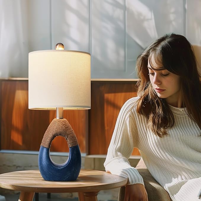 OYEARS 19" Boho Lamp for Bedroom, Bedside for Nightstands, Table Lamp for Living Room,Suitable for Small Space,Coastal Farmhouse, End Table, Rattan Nautical Beach Style, Blue,1 Pack